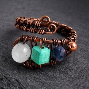 Adjustable Copper Wire Wrap Ring with Turquoise, Selenite & Quartz Gemstones